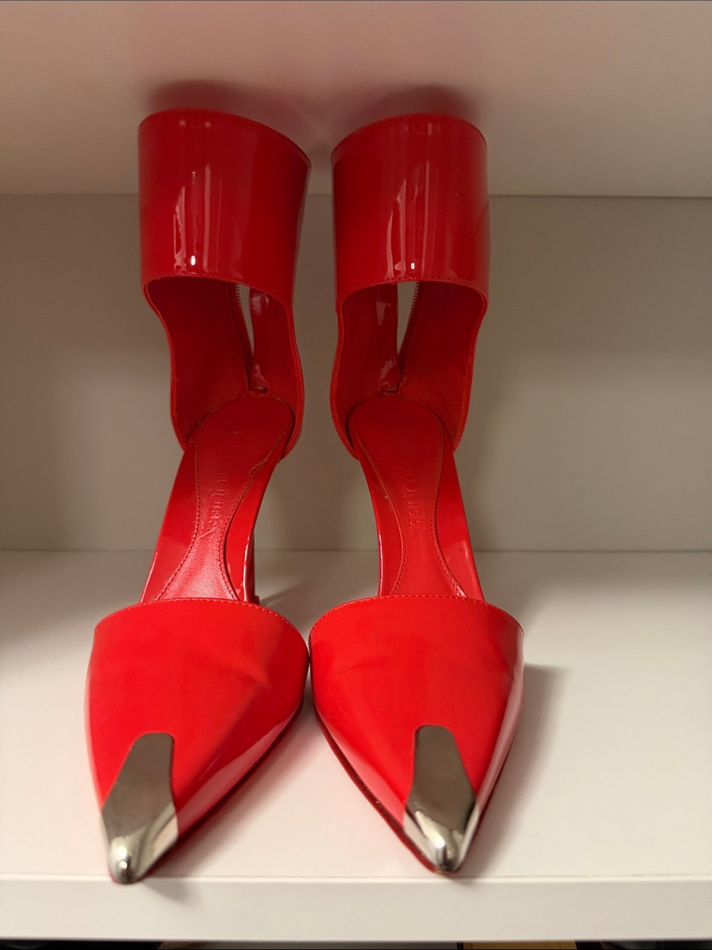 Alexander McQueen Red Patent Pointed-Toe Stiletto Heels with Ankle Cuff - Picture 3 of 3